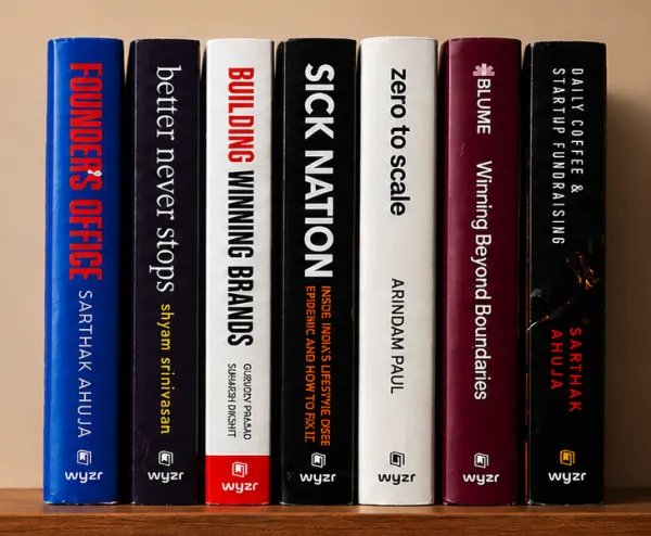 A row of Wyzr books on a shelf